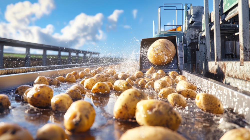 Premium potatoes being received and cleaned at Shiv Shree Food plant
